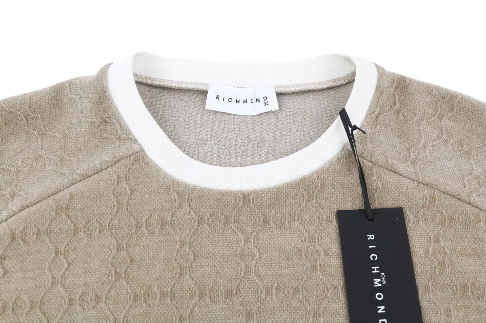 JOHN RICHMOND vyriškas rudų raštuotų megztinių komplektas M, tiesaus kirpimo kelnės, 2 vnt. 