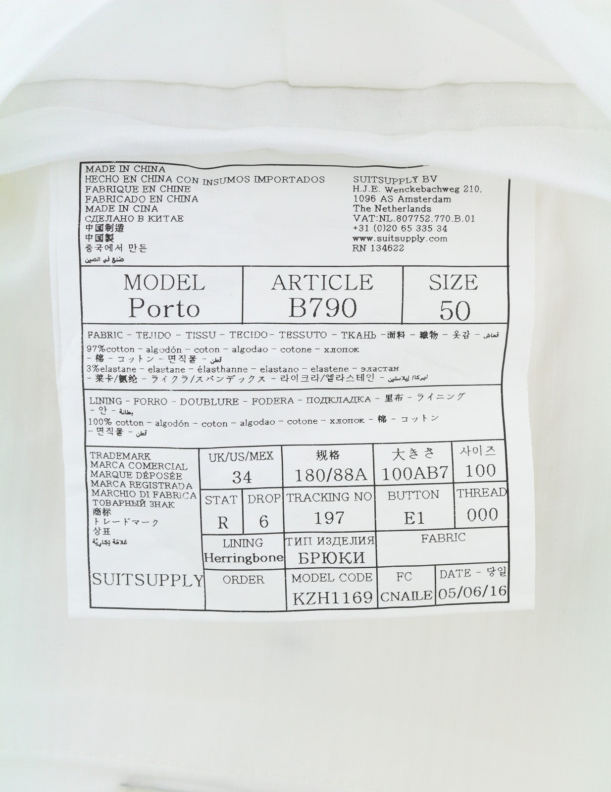 „SUITSUPPLY Porto“ vyriškos kelnės, UK34R, baltos, grynos medvilnės, plonos, chino stiliaus, su užtrauktuku. 