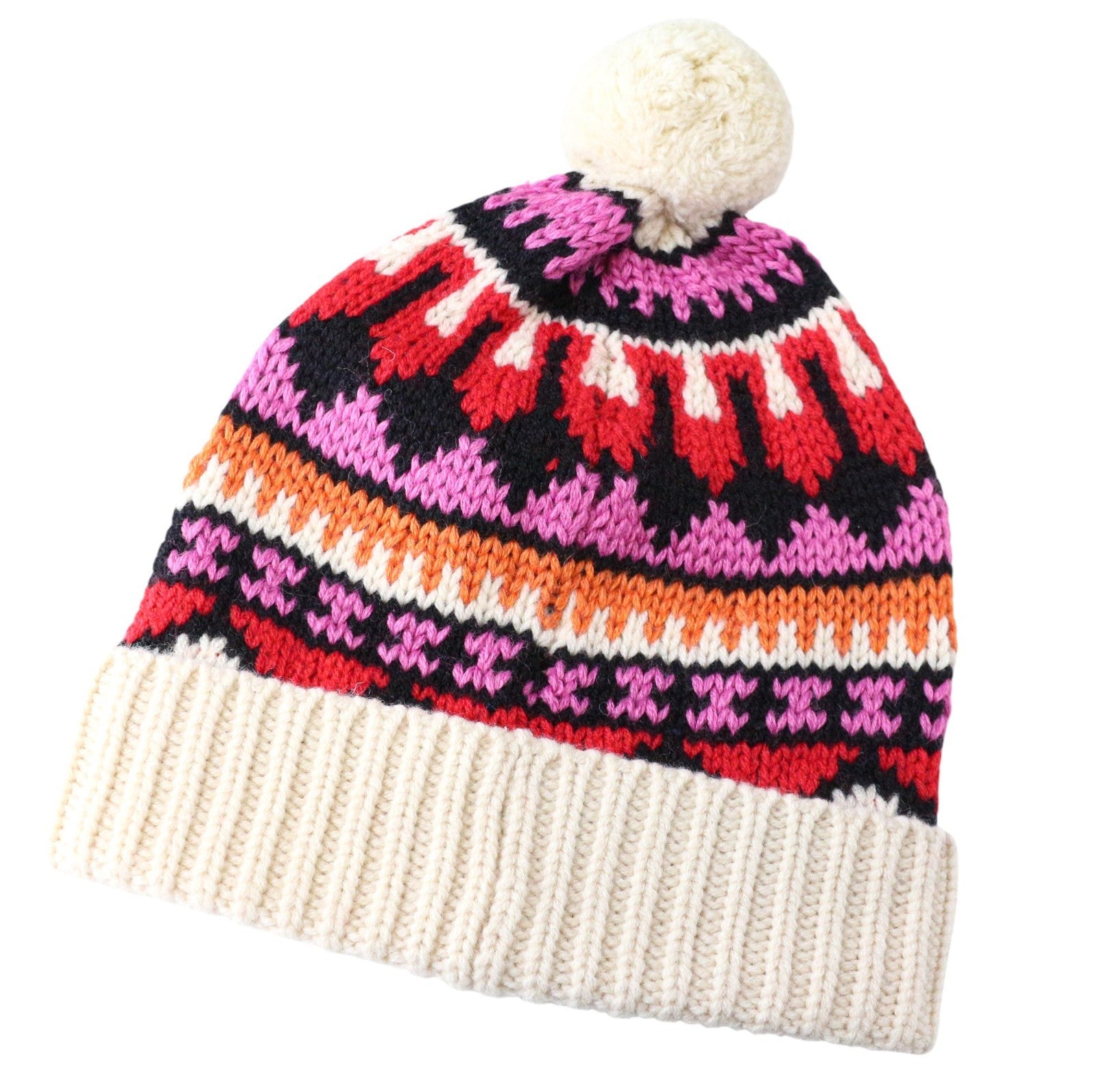 MAISON SCOTCH moteriška megzta kepurė OS smėlio spalvos su bumbulais ir spalvingu raštu 