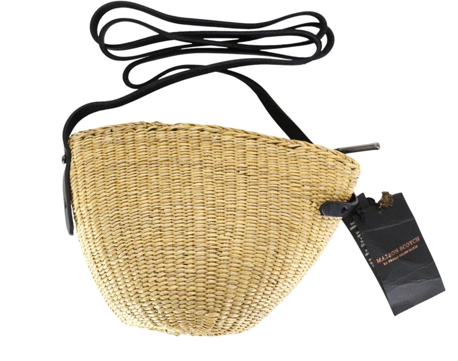 MAISON SCOTCH moteriškas krepšys per petį su šiaudų raštu, rudu dirželiu ir odine apdaila 