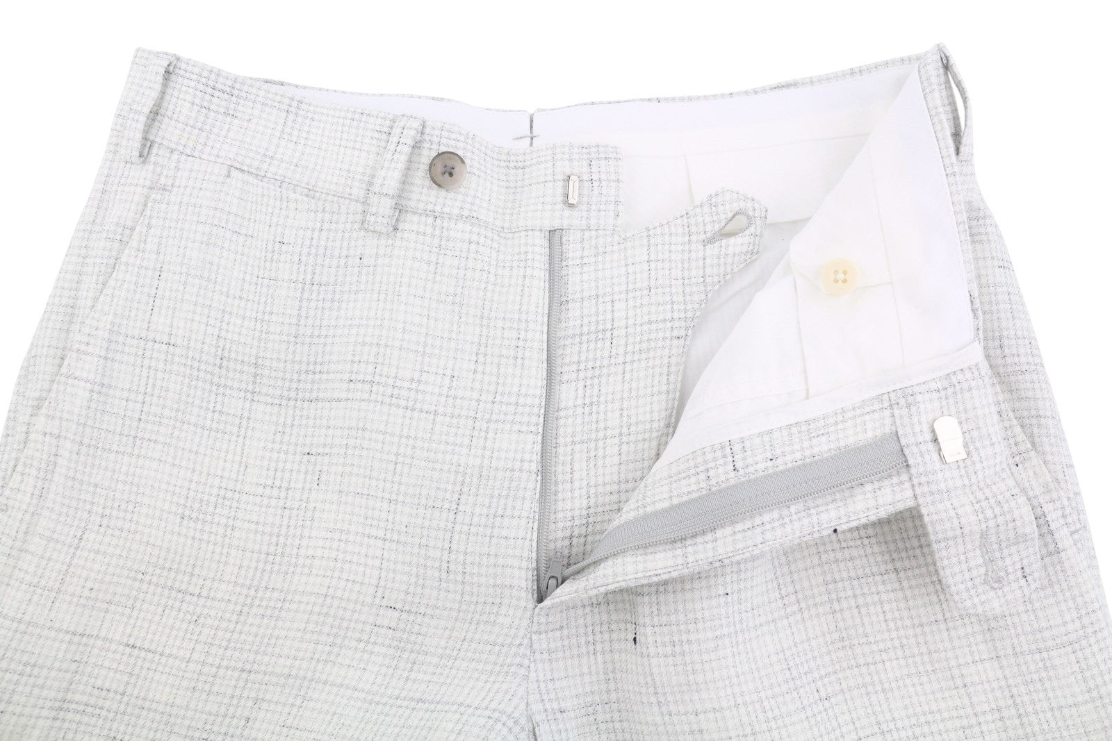 SUITSUPPLY Soho vyriškos kelnės UK26R šviesiai pilkos gryno lino raštuotos siaurėjančios... 