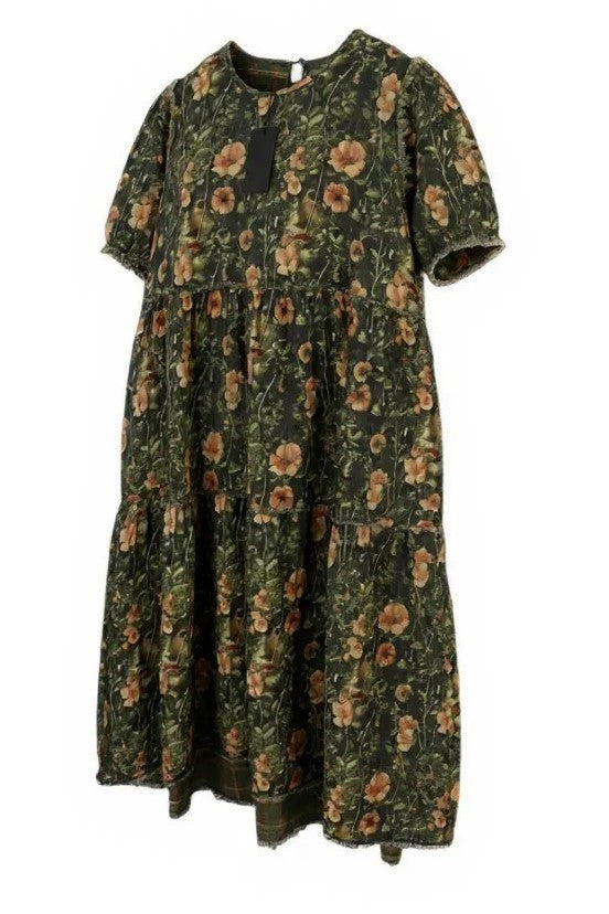 R13 dvipusė, smulkiai pjaustyta, laisvalaikio stiliaus midi moteriška suknelė L, alyvuogių spalvos, languota, Fromal, kamufliažinė, FW25 