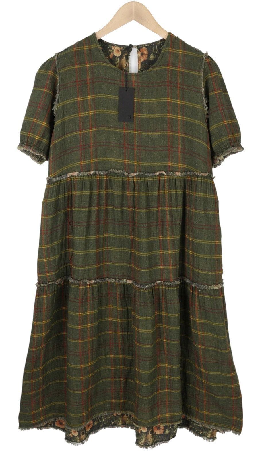 R13 dvipusė, smulkiai pjaustyta, laisvalaikio stiliaus midi moteriška suknelė L, alyvuogių spalvos, languota, Fromal, kamufliažinė, FW25 