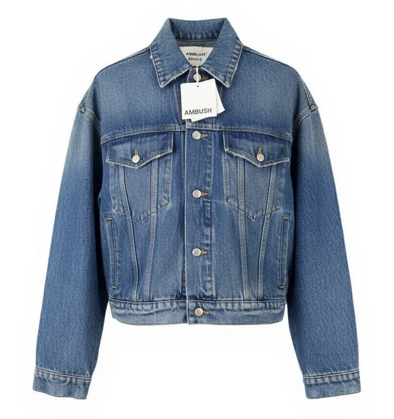 AMBUSH trumpintas džinsinis moteriškas švarkas S mėlyna išblukusiomis sagomis sendinto stiliaus dideli sunkvežimio tipo drabužiai 