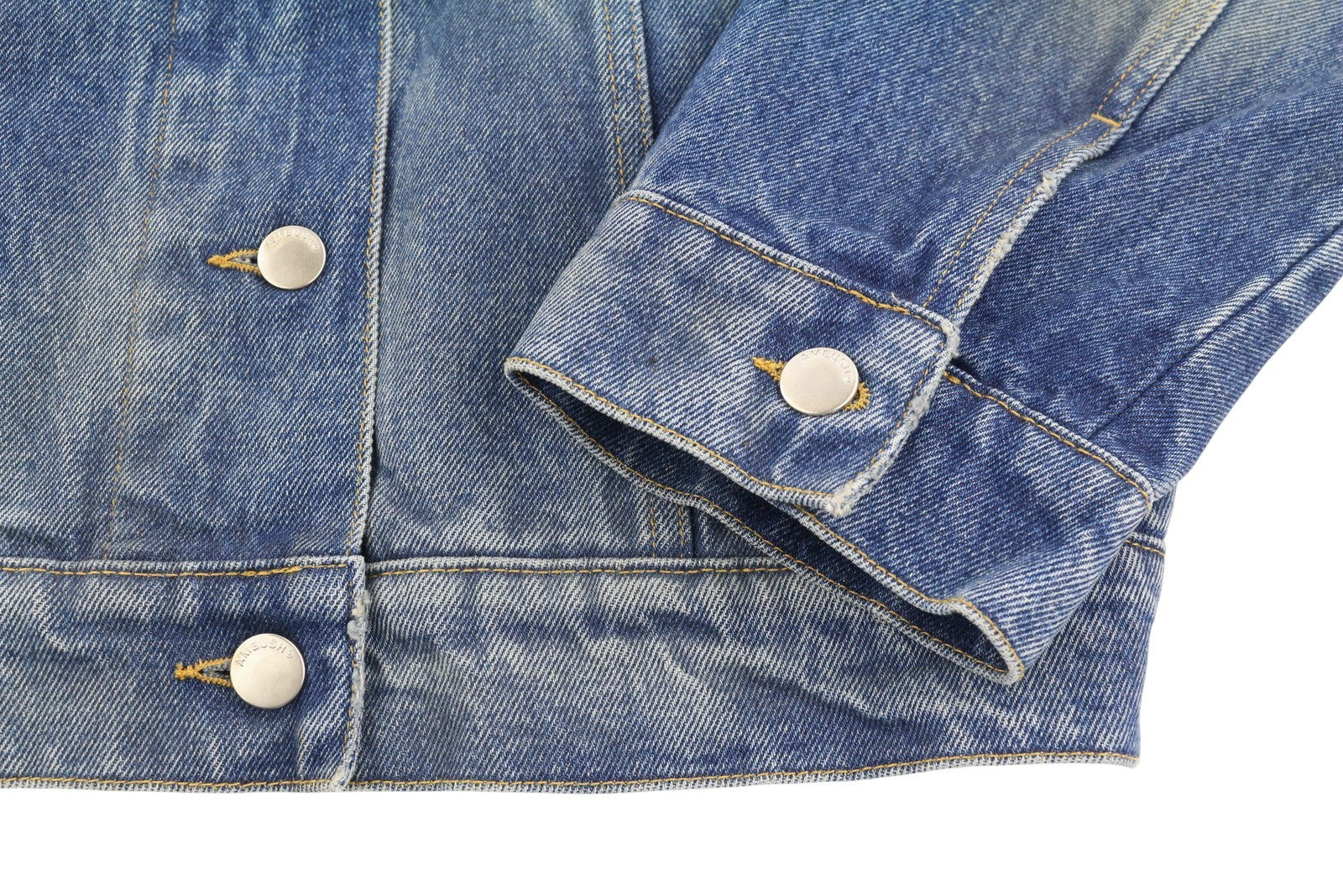 AMBUSH trumpintas džinsinis moteriškas švarkas S mėlyna išblukusiomis sagomis sendinto stiliaus dideli sunkvežimio tipo drabužiai 