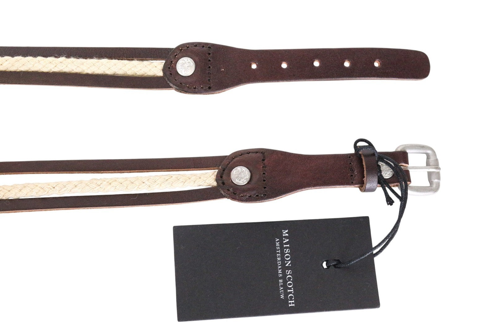 MAISON SCOTCH moteriškas diržas ~107 cm tamsiai rudas pintas sagtis laisvalaikio aksesuaras 