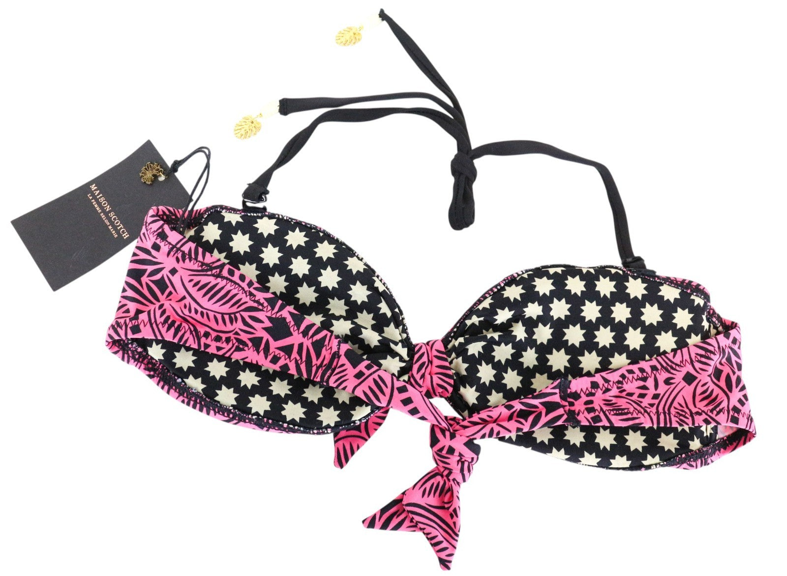 MAISON SCOTCH Women's Bikini Top ~XS/S Pink Pattern Bandeau Swimwear Tie Strap