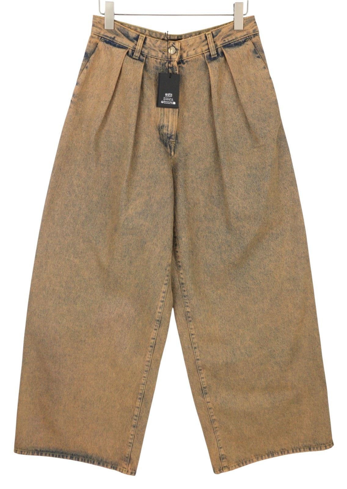 ALANUI Desert Rose plačių klešnių moteriški džinsai W27 klostėmis dažytos abrikosinės spalvos džinsinės kelnės RRP550 