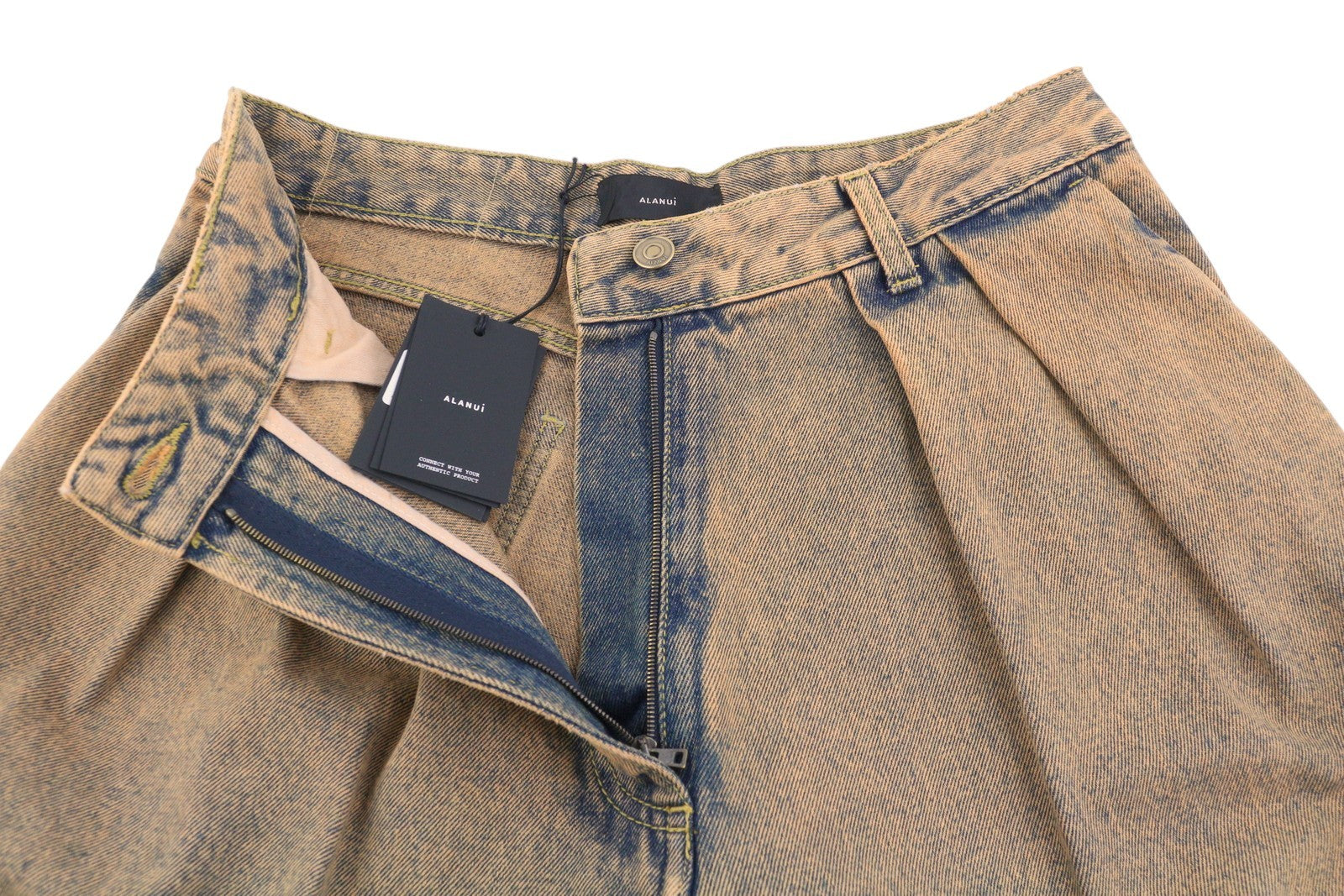 ALANUI Desert Rose plačių klešnių moteriški džinsai W27 klostėmis dažytos abrikosinės spalvos džinsinės kelnės RRP550 