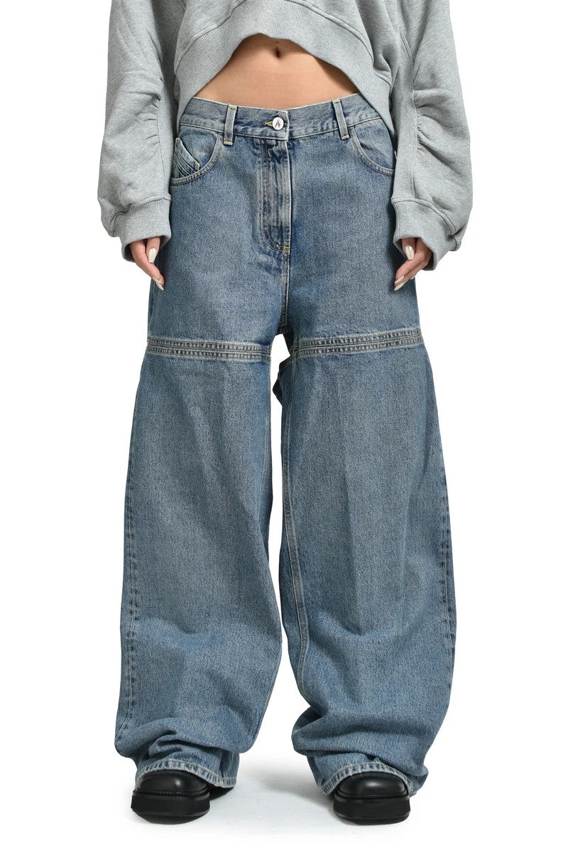 THE ATTICO moteriški džinsai W29 mėlyni laisvi, maišyto kirpimo, iškirptės detalės FW25 RRP790 