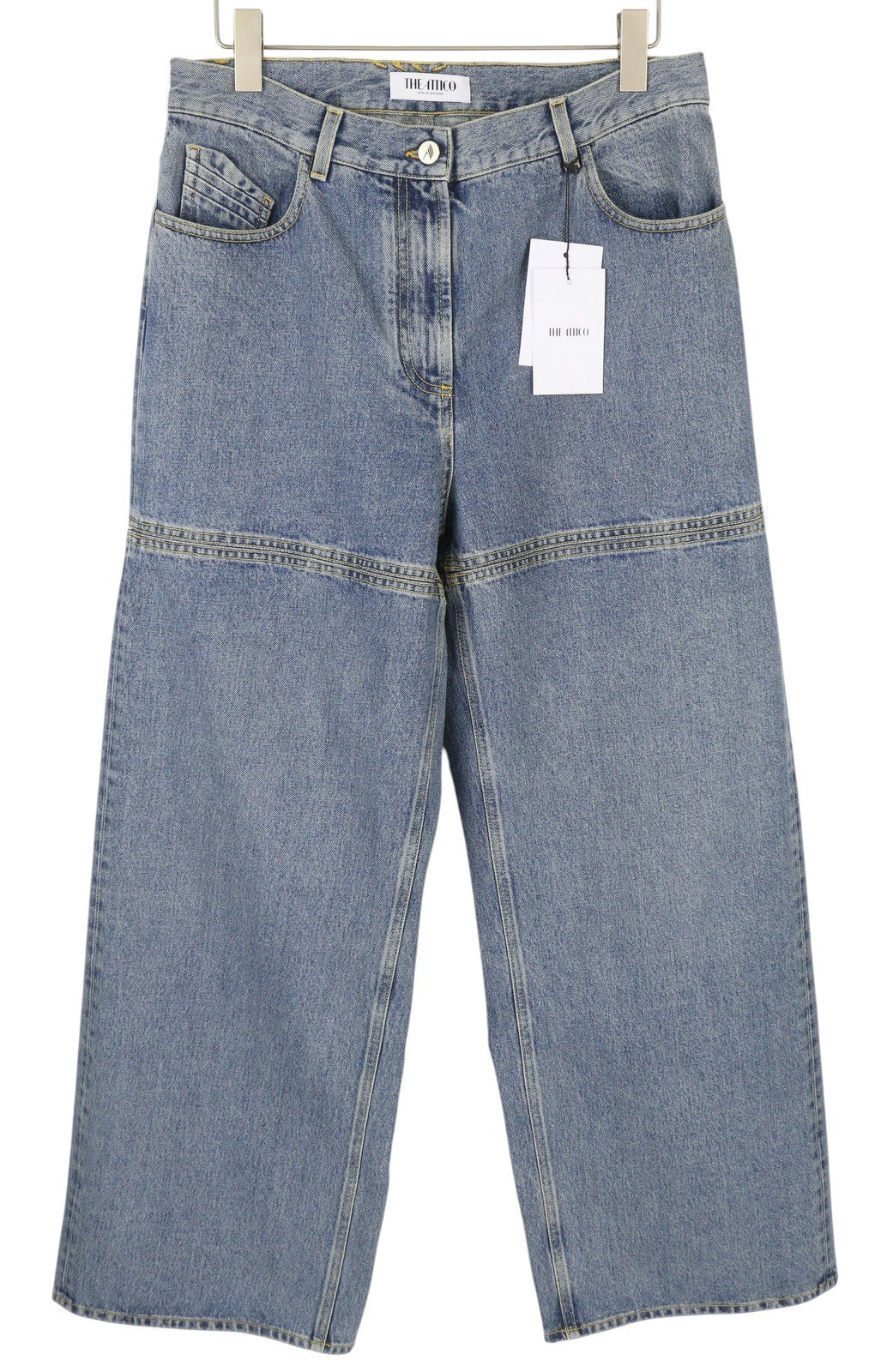 THE ATTICO moteriški džinsai W29 mėlyni laisvi, maišyto kirpimo, iškirptės detalės FW25 RRP790 