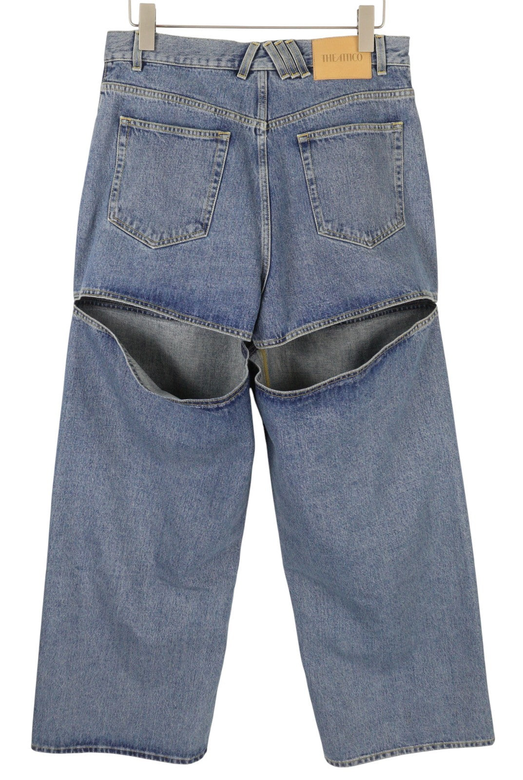 THE ATTICO moteriški džinsai W29 mėlyni laisvi, maišyto kirpimo, iškirptės detalės FW25 RRP790 