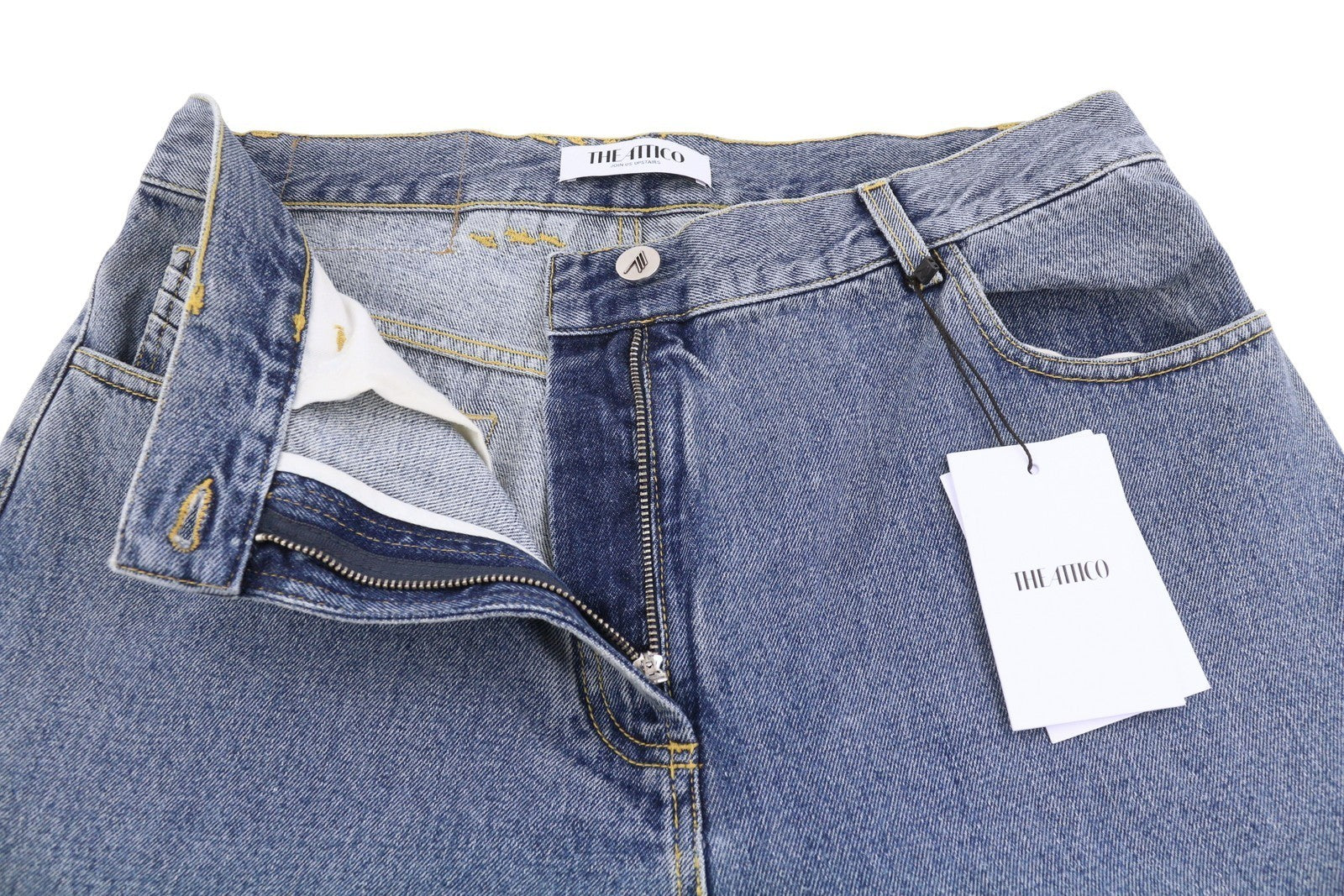 THE ATTICO moteriški džinsai W29 mėlyni laisvi, maišyto kirpimo, iškirptės detalės FW25 RRP790 