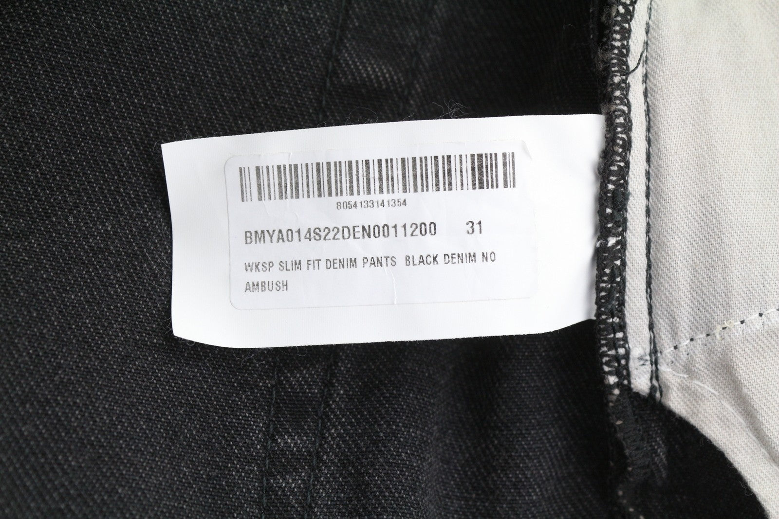 AMBUSH Wksp Slim Fit Denim vyriški džinsai W31 su sagomis, juodi, 5 kišenių dizainu ir logotipu 