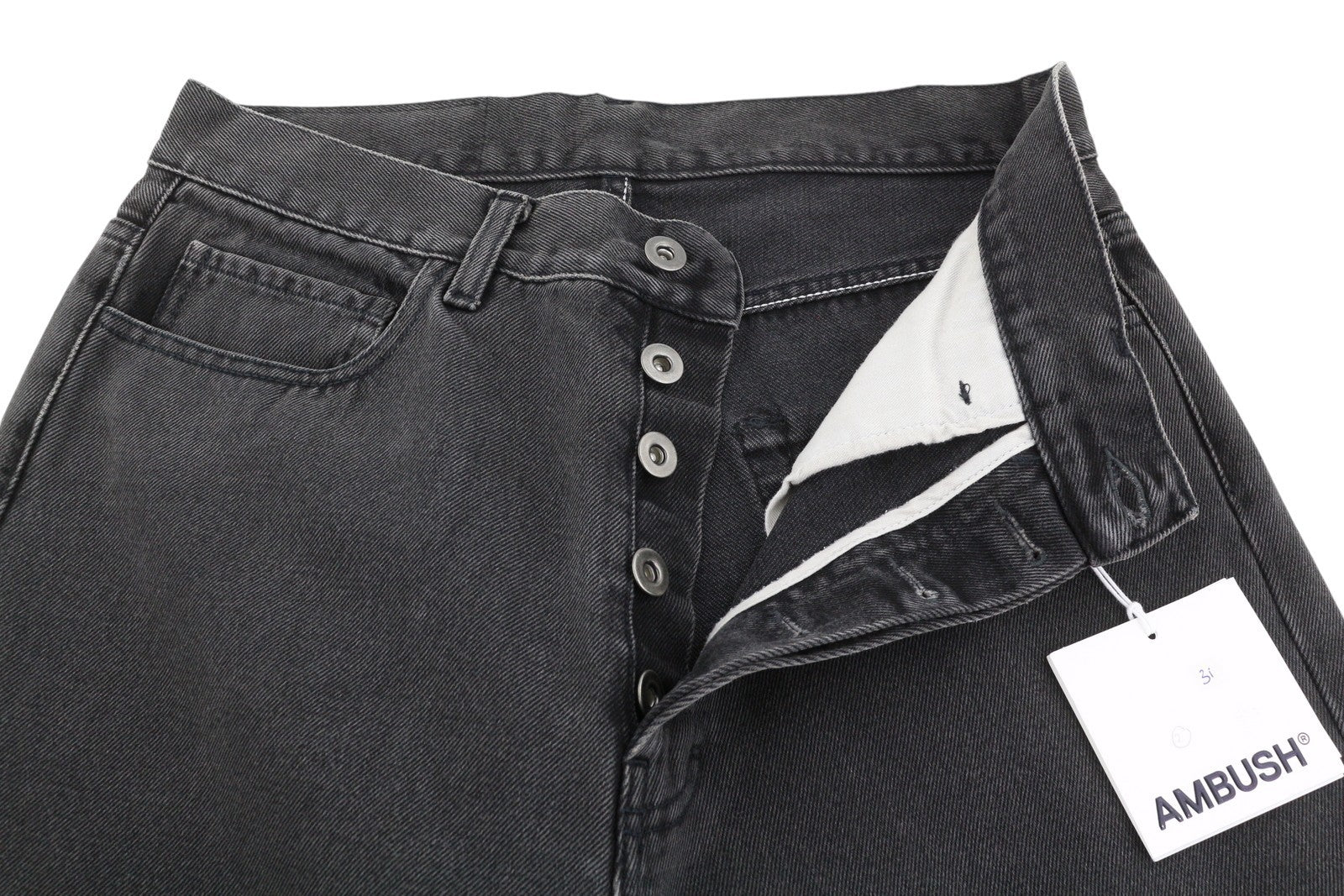 AMBUSH vyriški džinsai W31, juodi, laisvo kirpimo, su sagomis ir 5 kišenėmis, su logotipu 