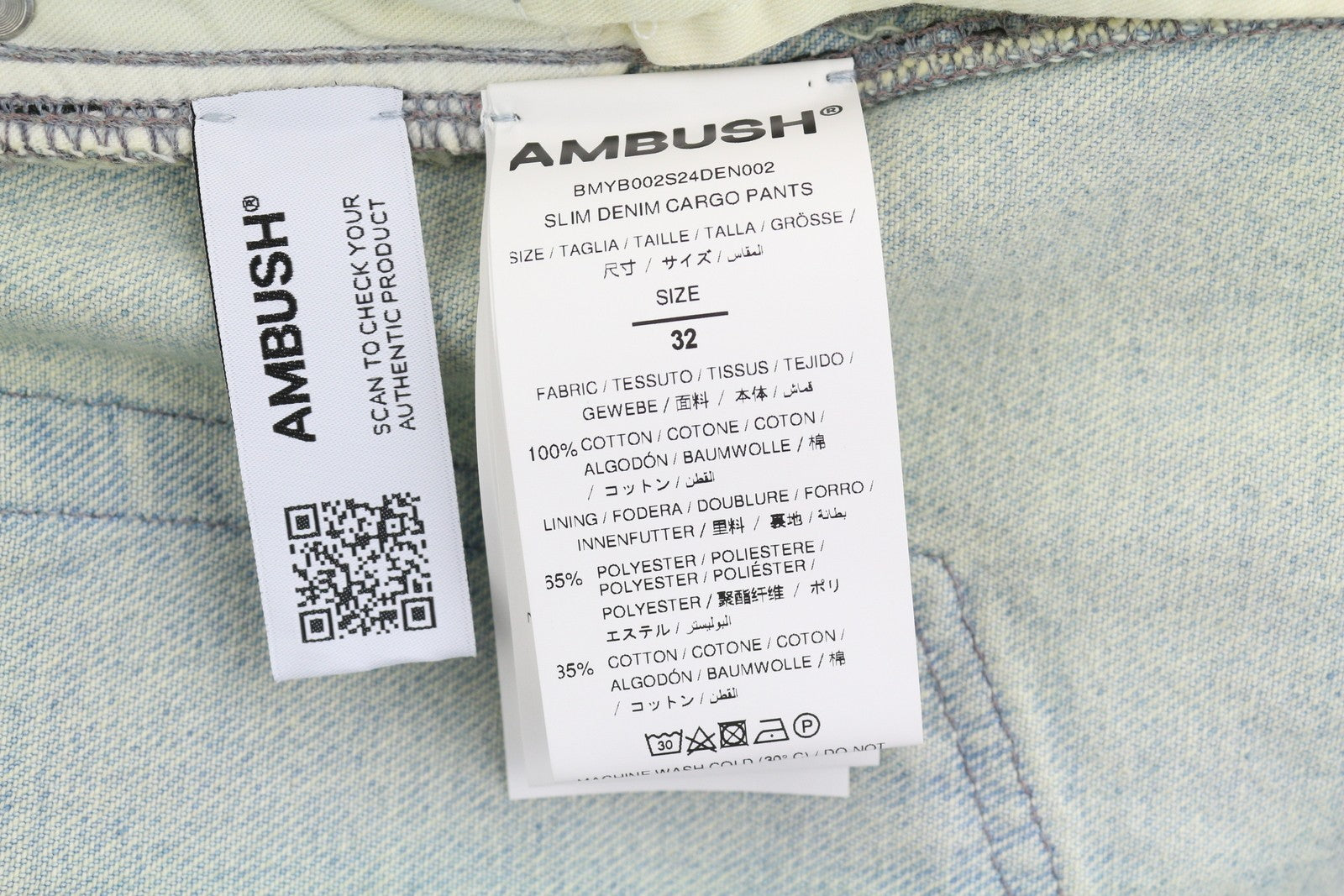 AMBUSH Slim Denim Cargo vyriški džinsai W32 šviesiai mėlyni išblukę distressed įprasti RRP920 