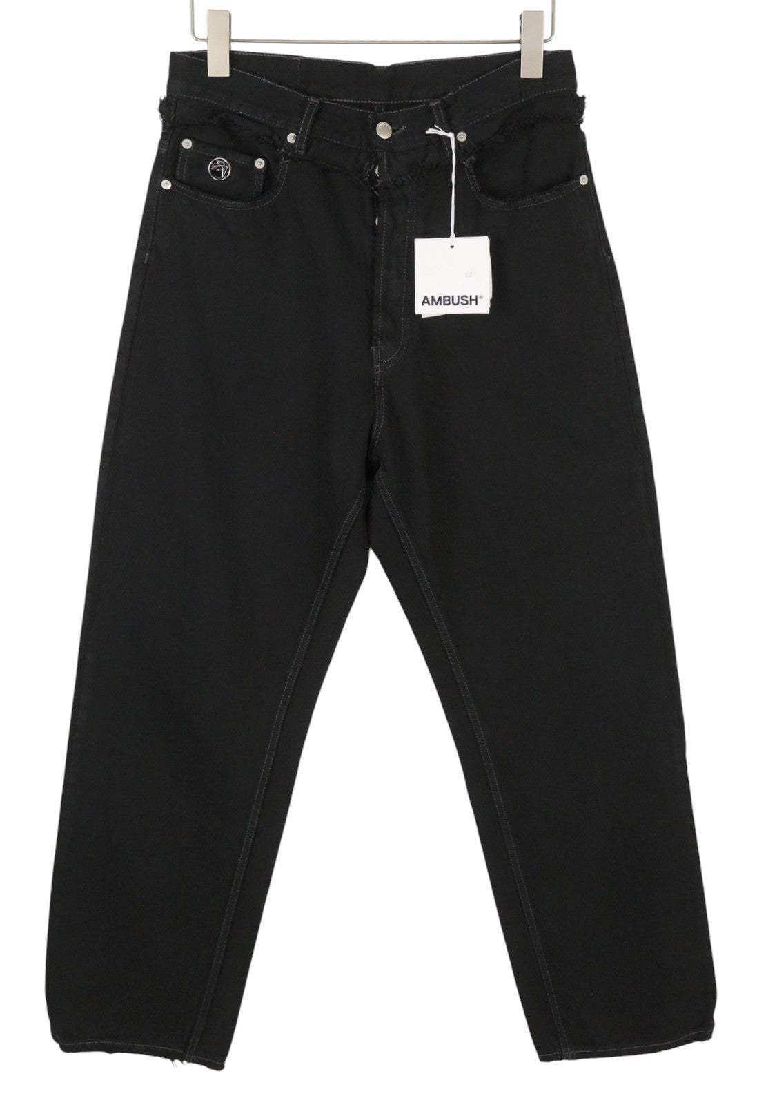 AMBUSH vyriški džinsai su juosmens detalėmis, W32, juodi, su sagomis ir logotipu, RRP499 