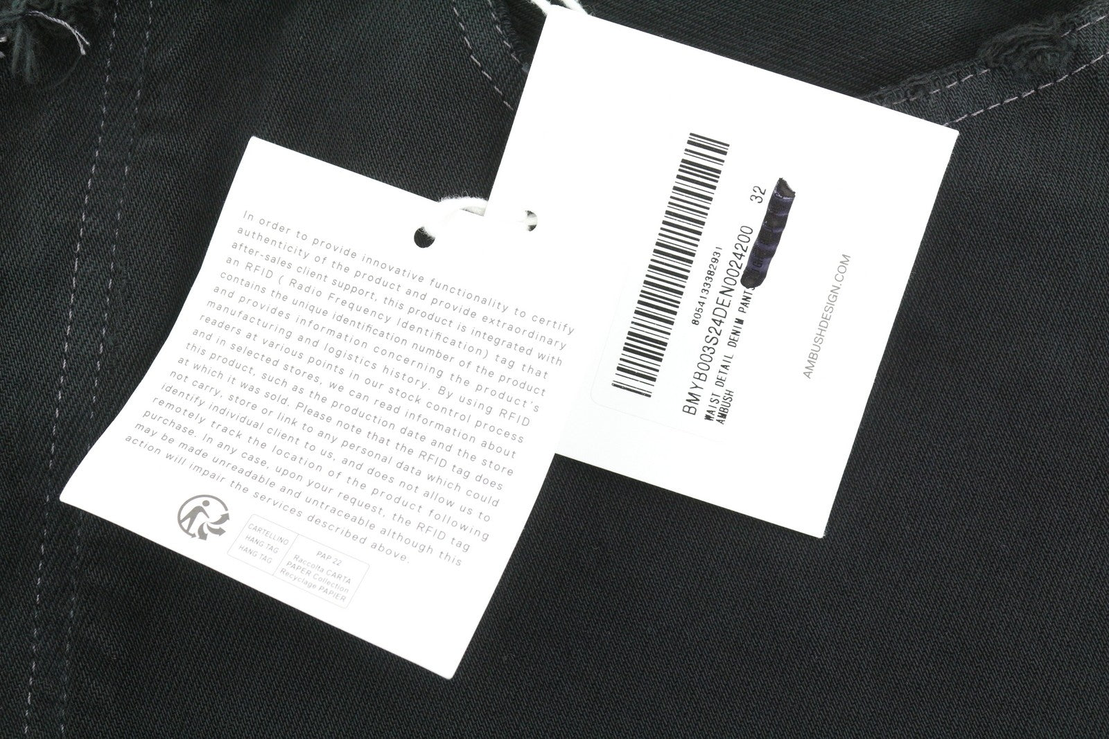 AMBUSH vyriški džinsai su juosmens detalėmis, W32, juodi, su sagomis ir logotipu, RRP499 