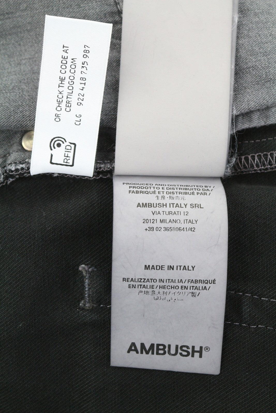 AMBUSH vyriški džinsai su juosmens detalėmis, W32, juodi, su sagomis ir logotipu, RRP499 