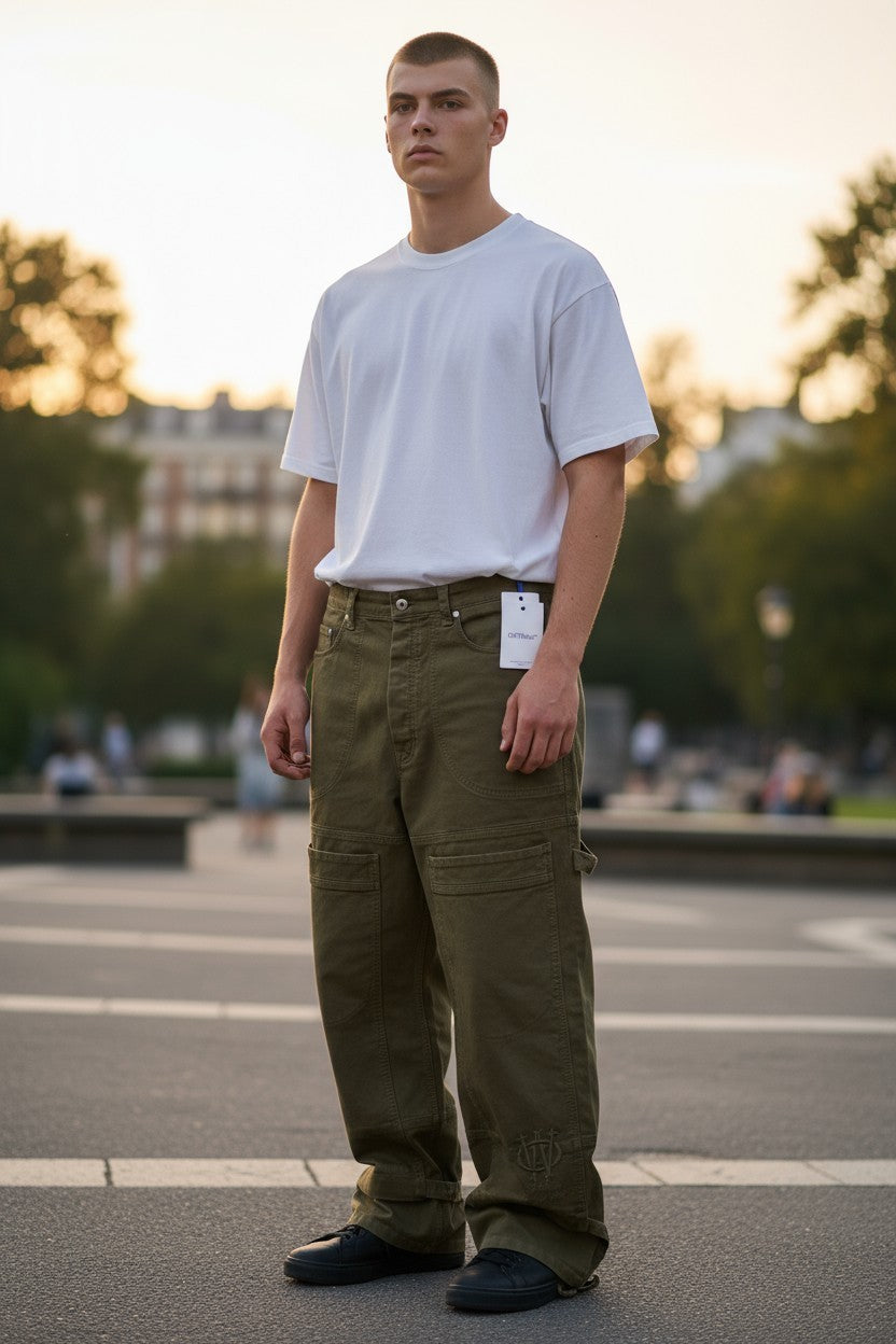 BALTOS VIRGIL ABLOH gotikinės „Drill Relax“ vyriškos džinsinės kelnės W33 rudos spalvos F25 