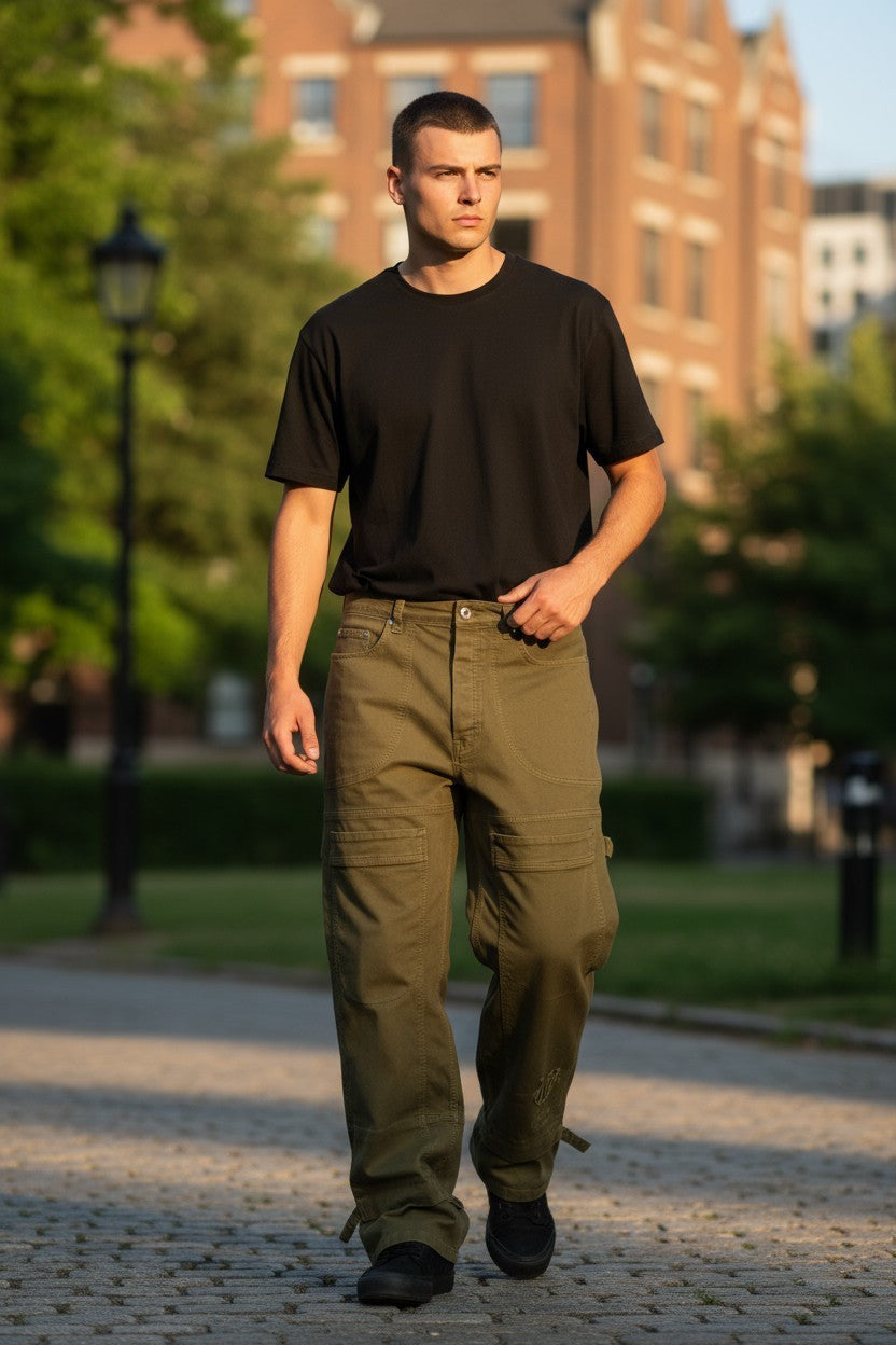 BALTOS VIRGIL ABLOH gotikinės „Drill Relax“ vyriškos džinsinės kelnės W33 rudos spalvos F25 