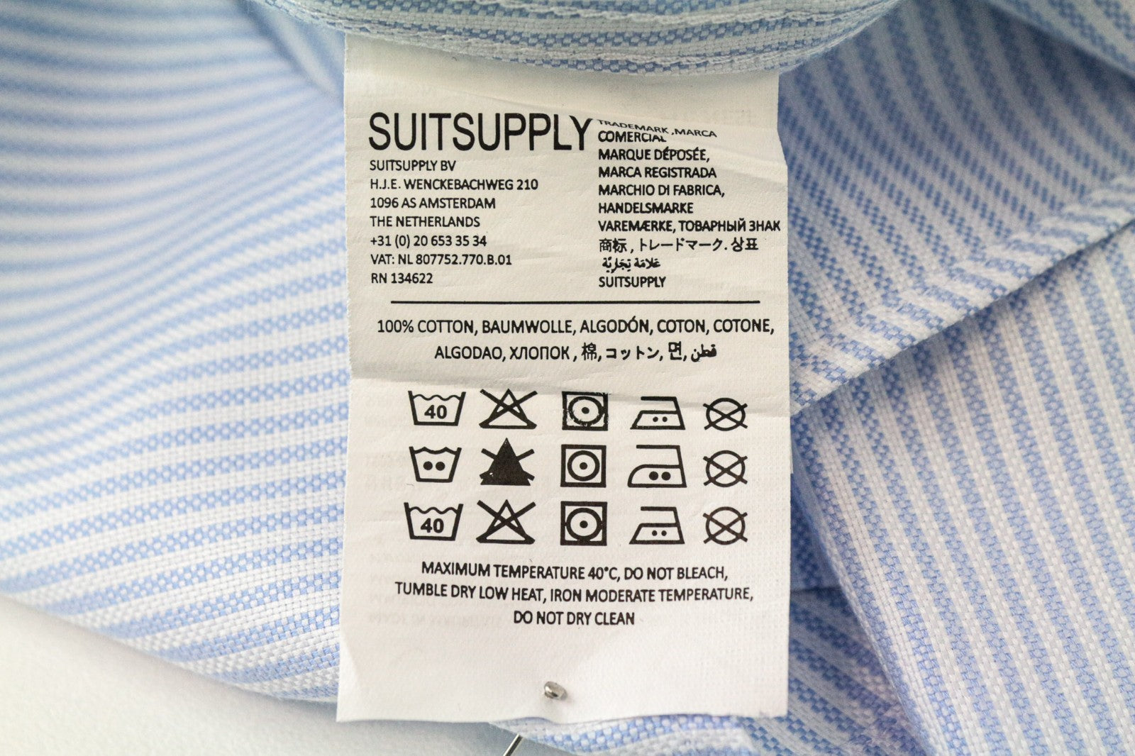 SUITSUPPLY Men's Formal Shirt 38/15 Blue Slim Striped Pure Cotton Long Sleeve