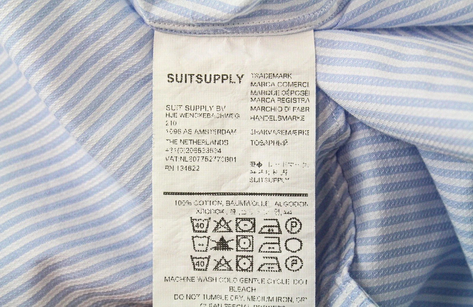 SUITSUPPLY vyriški formalūs marškiniai, 37/14 1/2, mėlyni dryžuoti, priglundantys, ilgi, grynos medvilnės 