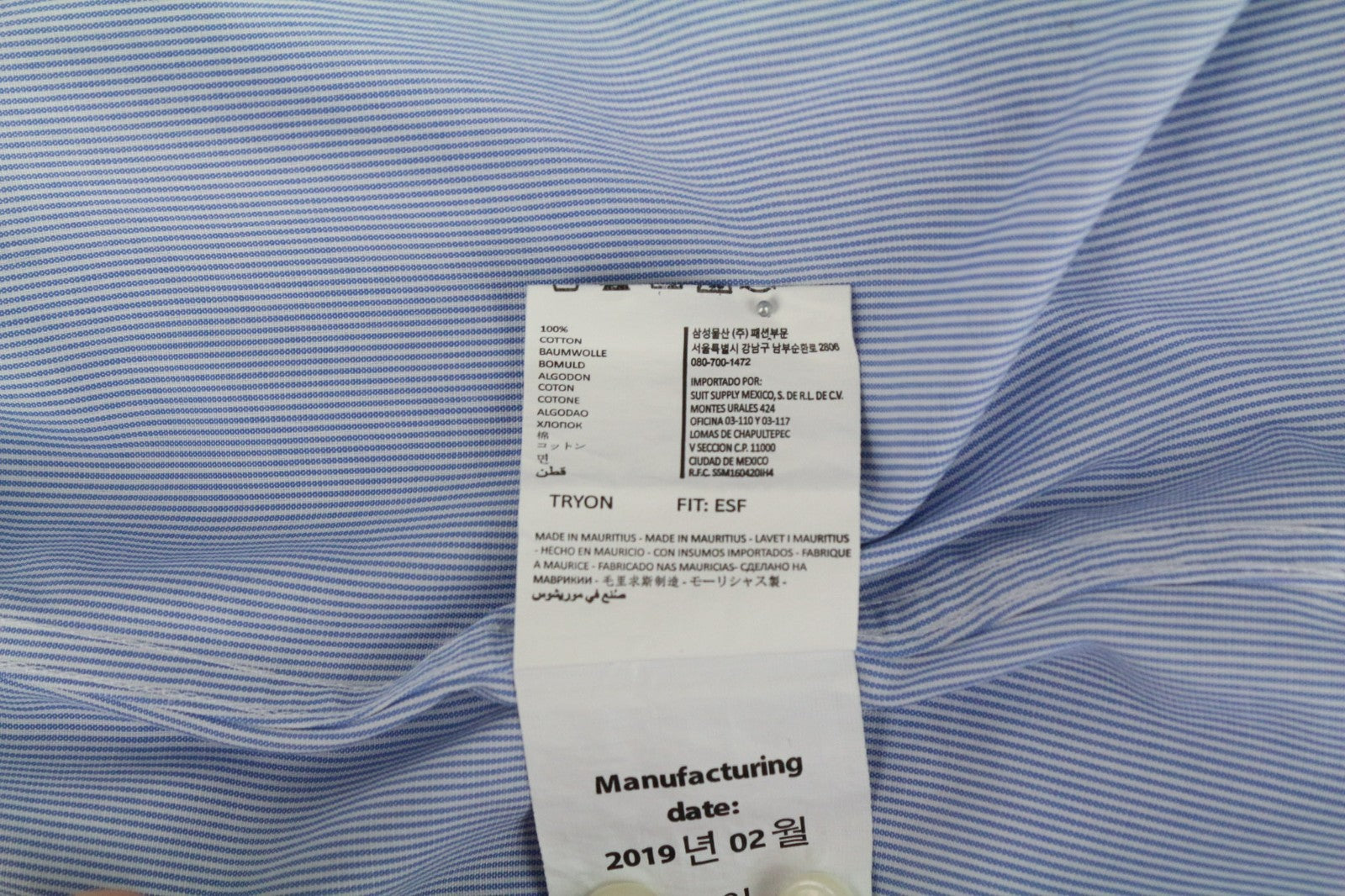 SUITSUPPLY Men's Formal Shirt 38.7/15L Blue Striped Slim Pure Cotton Try On