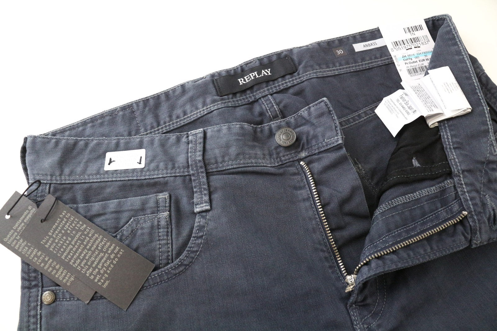 REPLAY Anbass vyriški džinsai W30/L34 Slim Fit, skalbtos mėlynos spalvos, tamprios medvilnės 