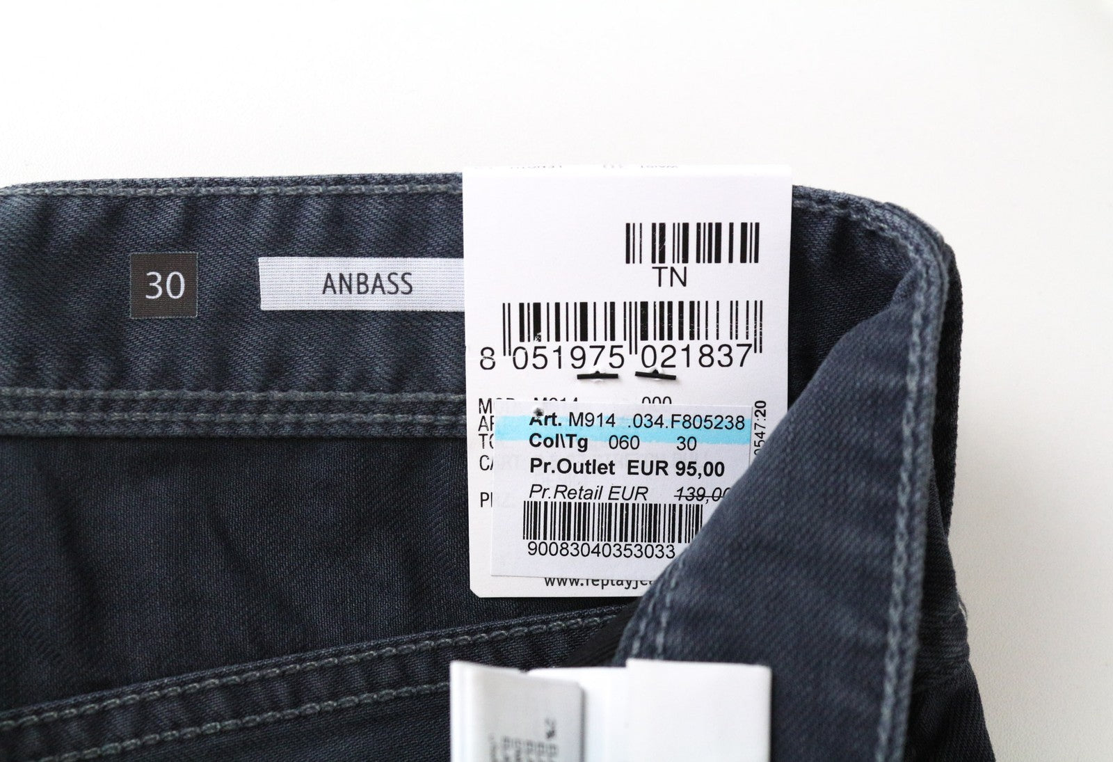 REPLAY Anbass vyriški džinsai W30/L34 Slim Fit, skalbtos mėlynos spalvos, tamprios medvilnės 