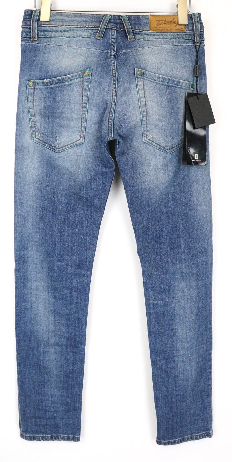 TAKESHY KUROSAWA Men's Jeans W34 Slim Blue Washed Stretch Cotton Casual