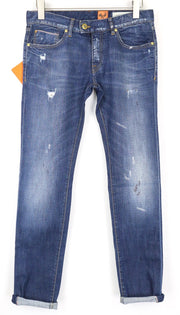 „GOOD GENES“ moteriški džinsai W27/L33 mėlyni, prigludę, dažytos medvilnės siūlės, tamprūs 