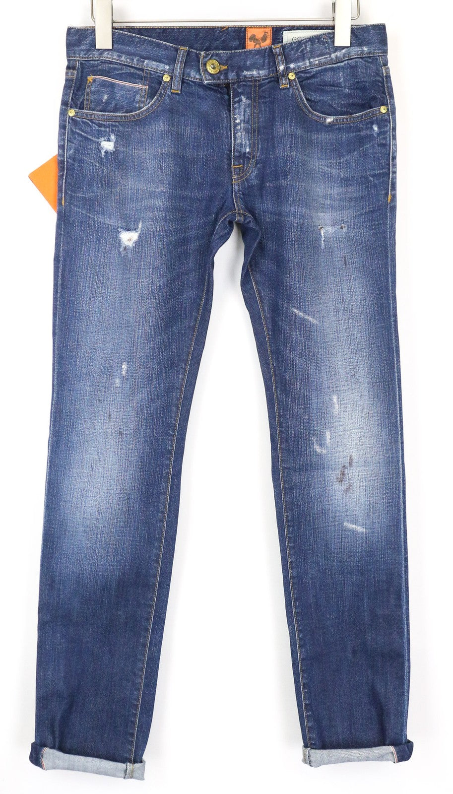 „GOOD GENES“ moteriški džinsai W27/L33 mėlyni, prigludę, dažytos medvilnės siūlės, tamprūs 