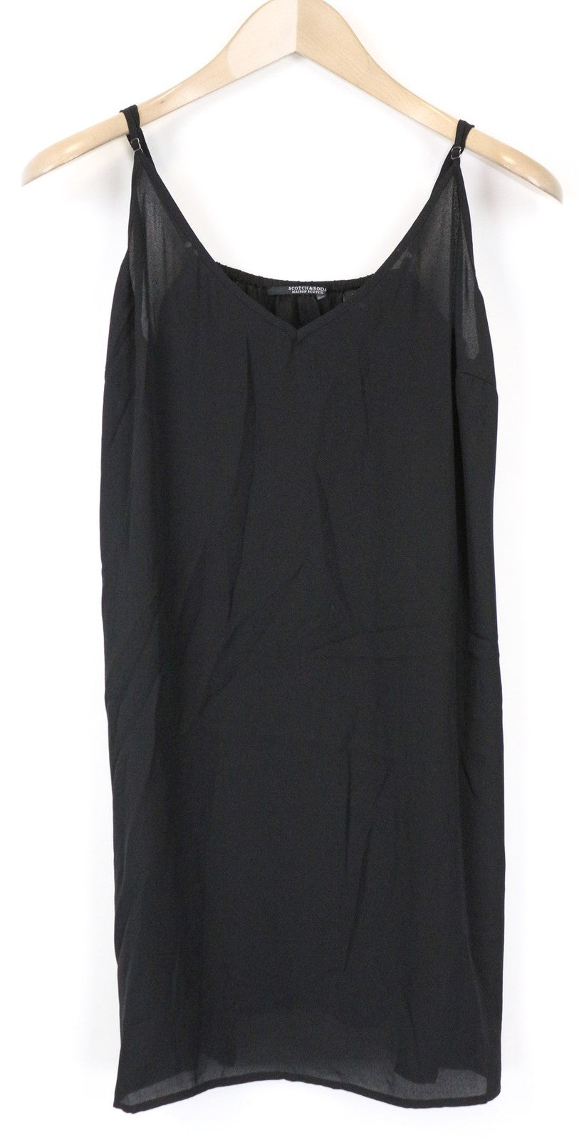 MAISON SCOTCH moteriška juoda S dydžio trumpomis rankovėmis, pamušalu ir V formos iškirpte 2in1 suknelė 