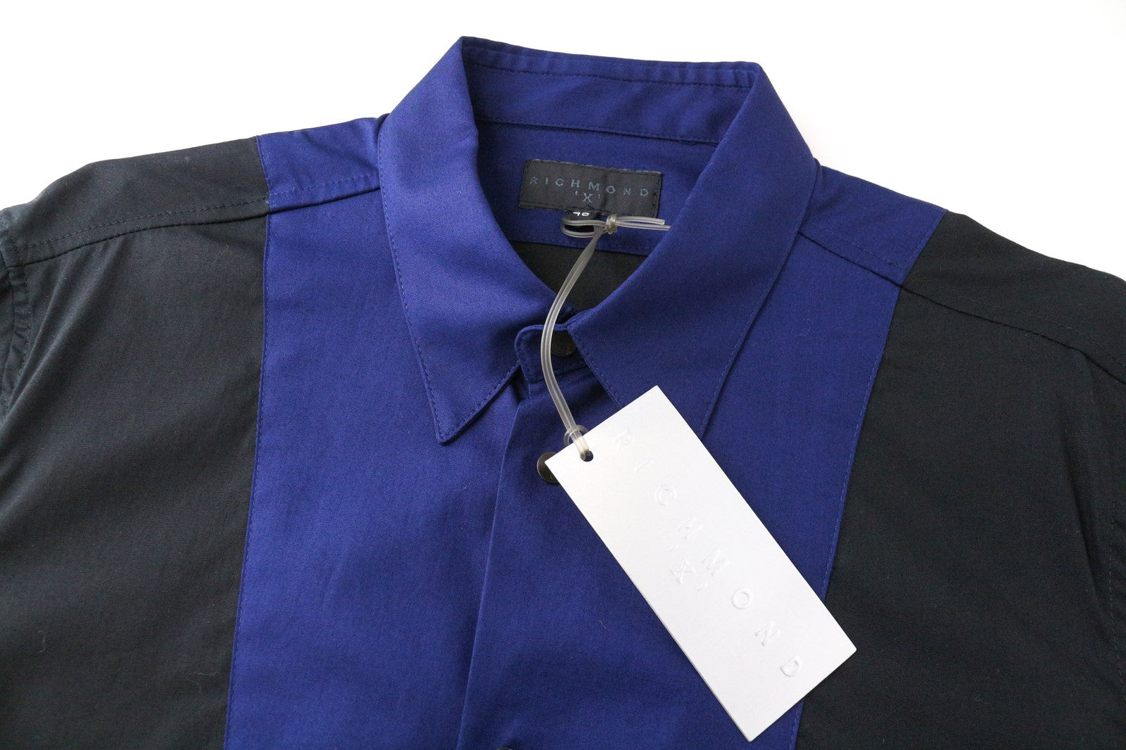 RICHMOND vyriški marškiniai 48 mėlyni juodi tamprūs medvilniniai trumpomis rankovėmis su sagomis 