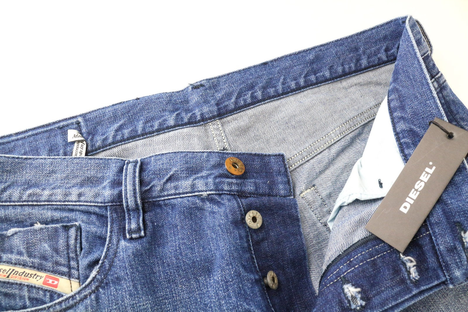 DIESEL Mharky 080AH Men's W34 Slim Distressed Blue Washed Cotton Jeans