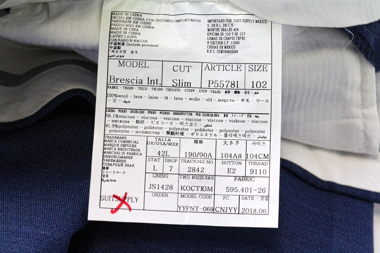 „SUITSUPPLY Brescia“ vyriškos plonos, UK42L dydžio, mėlynos vilnonės klostuotos, oficialios kelnės su pamušalu 