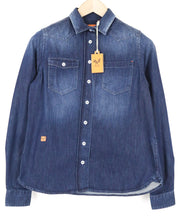 GOOD GENES moteriški marškinėliai S dydžio, mėlyni, skalbto džinso, medvilniniai, su sagomis užsegami, ilgomis rankovėmis 