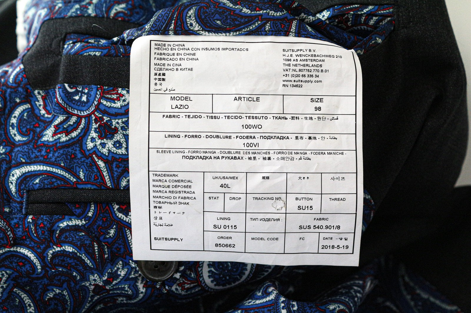 „SUITSUPPLY Lazio“ vyriškas švarkas, UK40L, tamsiai pilkas, su vilnoniu pamušalu, vienaeilis 