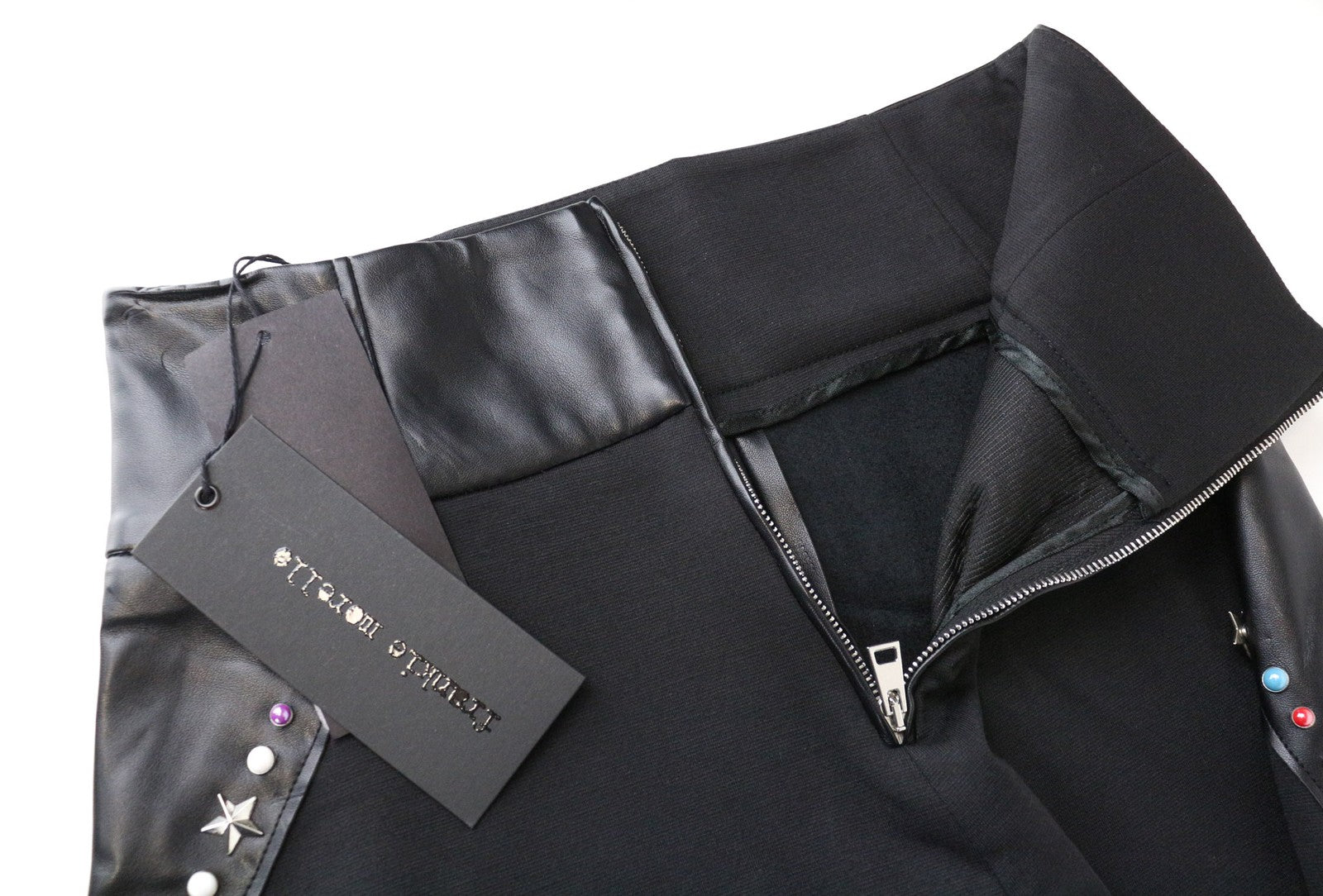 FRANKIE MORELLO Rog moteriškos kelnės 40 UK8 juodos dirbtinės odos kelnės su dygliais 