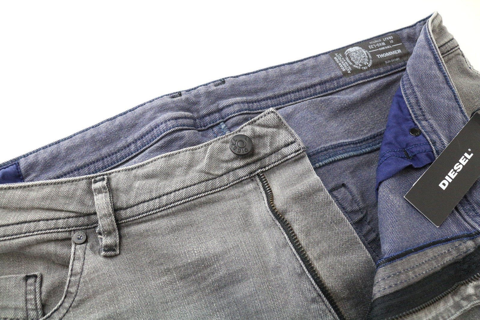 DIESEL Thommer 084JT vyriški džinsai W40/L32 Slim pilki skalbtos medvilnės tamprūs kirpimai 