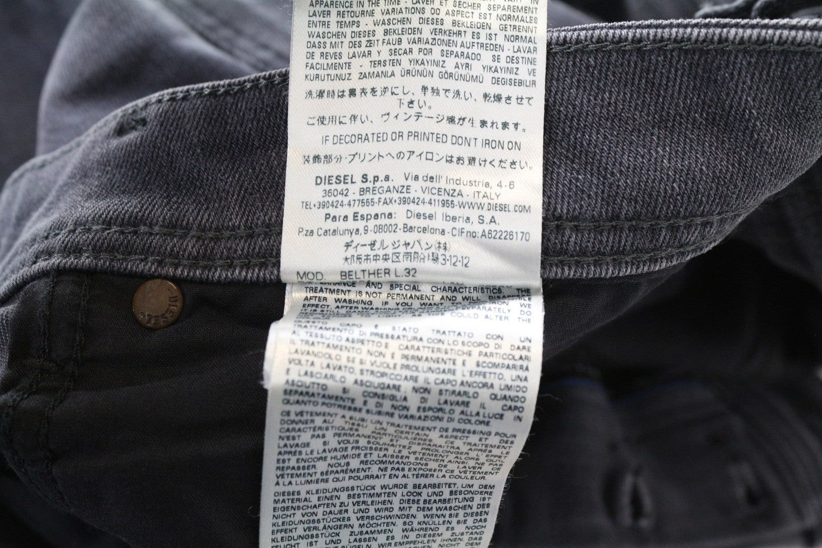 DIESEL Belther 0859X Men's Jeans W32/L32 Slim Tapered Grey Cotton Stretch Fit