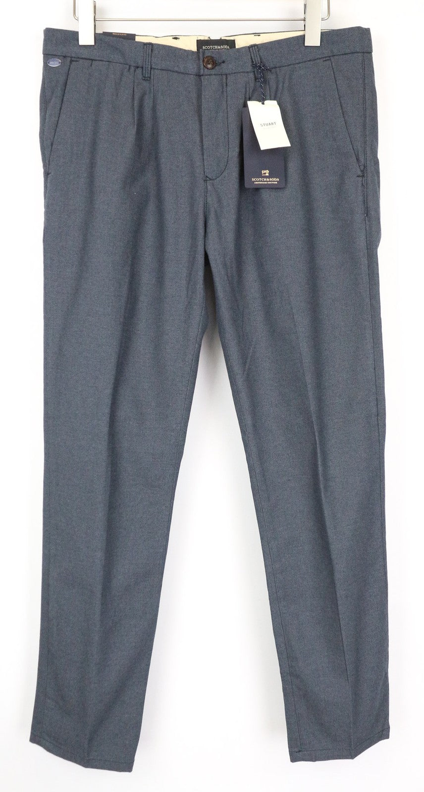 SCOTCH &amp; SODA Stuart vyriškos kelnės W32/L32 mėlynos, plonos, klostuotos medvilninės kelnės