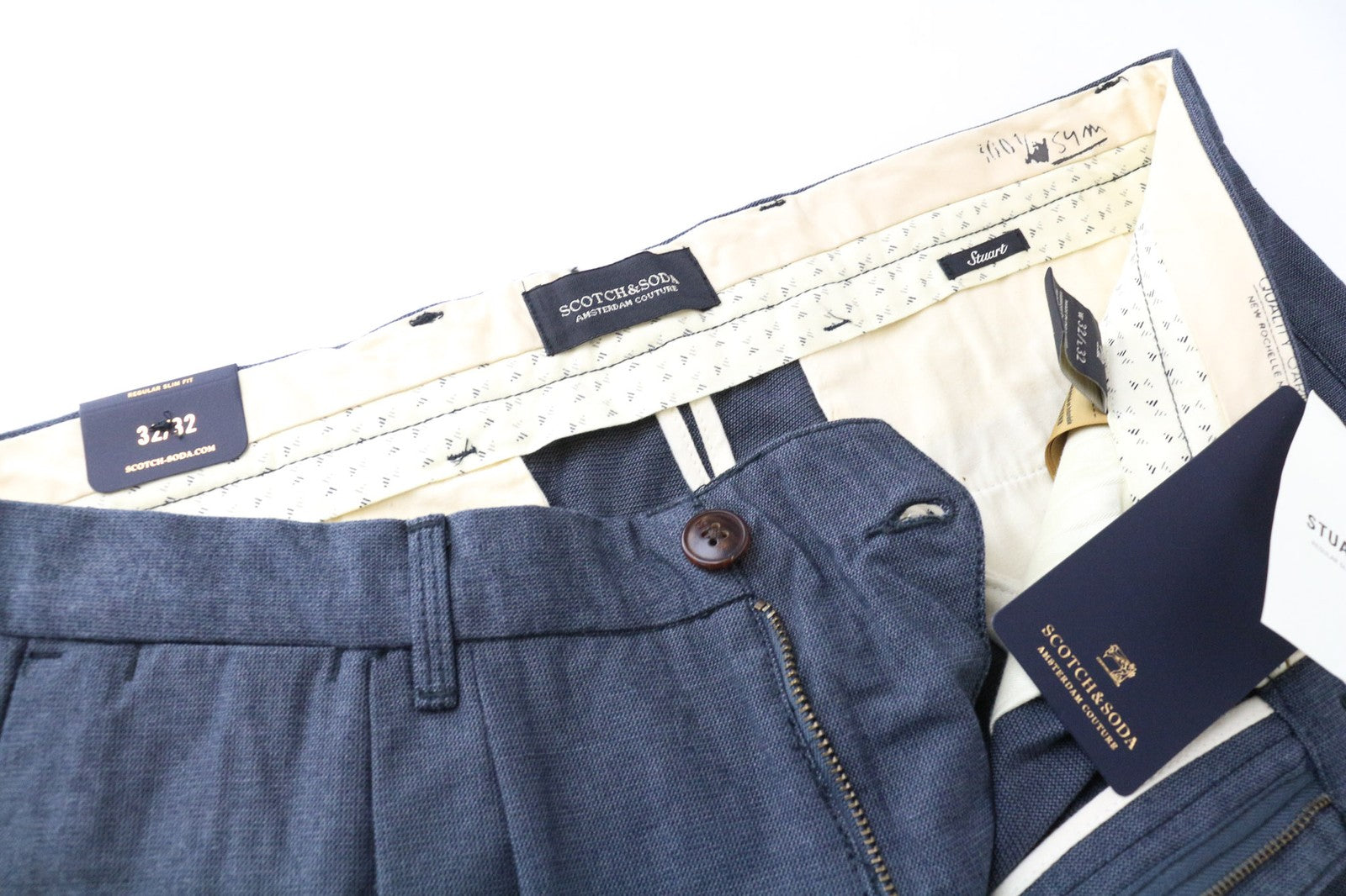 SCOTCH &amp; SODA Stuart vyriškos kelnės W32/L32 mėlynos, plonos, klostuotos medvilninės kelnės