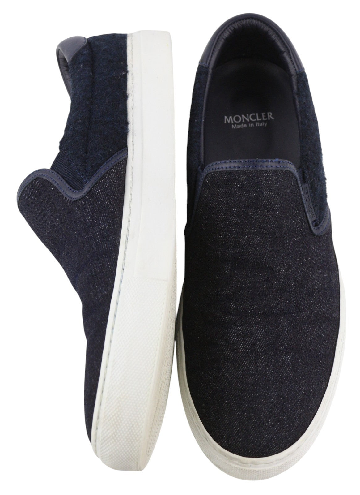 MONCLER vyriški bateliai su tamsiai mėlyna džinso imitacija, užsegami su migdolų nosimis ir odiniais akcentais 