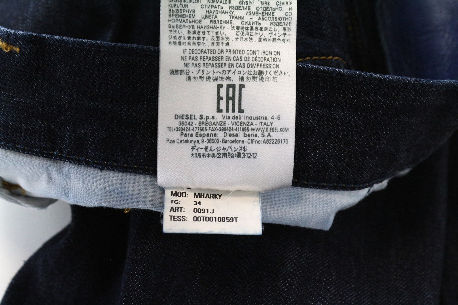 DIESEL Mharky 0091J Men's Jeans W34 Skinny Slim Fit Dark Blue Cotton Denim