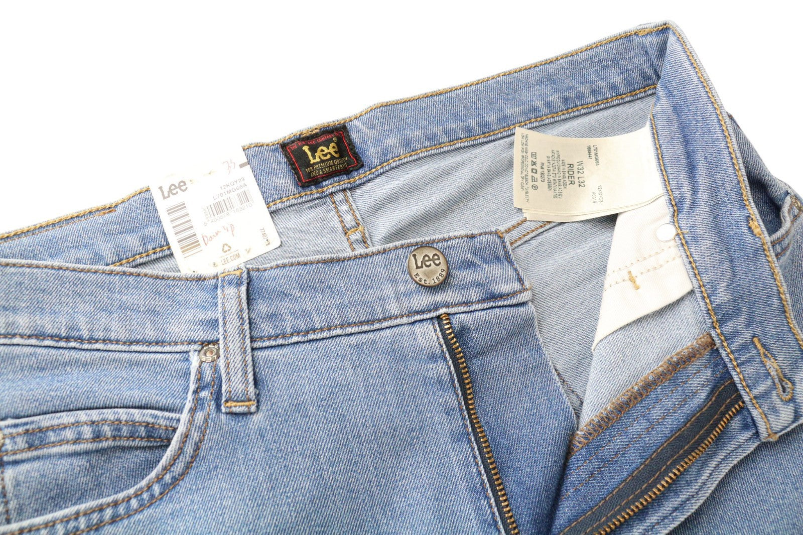 LEE Rider vyriški džinsai W32/L32 šviesiai mėlyni, ploni, tamprūs medvilniniai džinsai su 5 kišenėmis 
