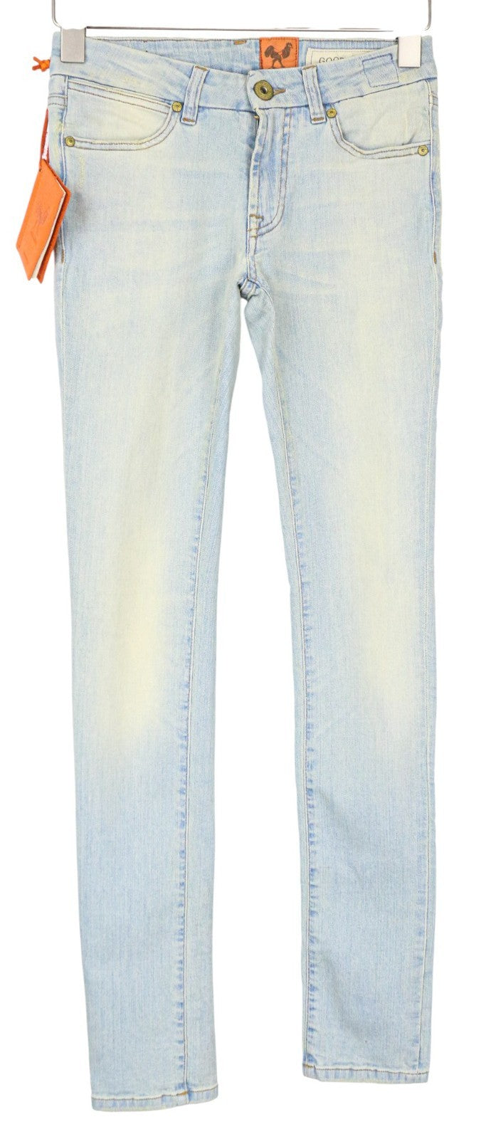 GOOD GENES moteriški džinsai W24/L33 aptempti šviesiai mėlyni skalbtos medvilnės tamprūs džinsai 