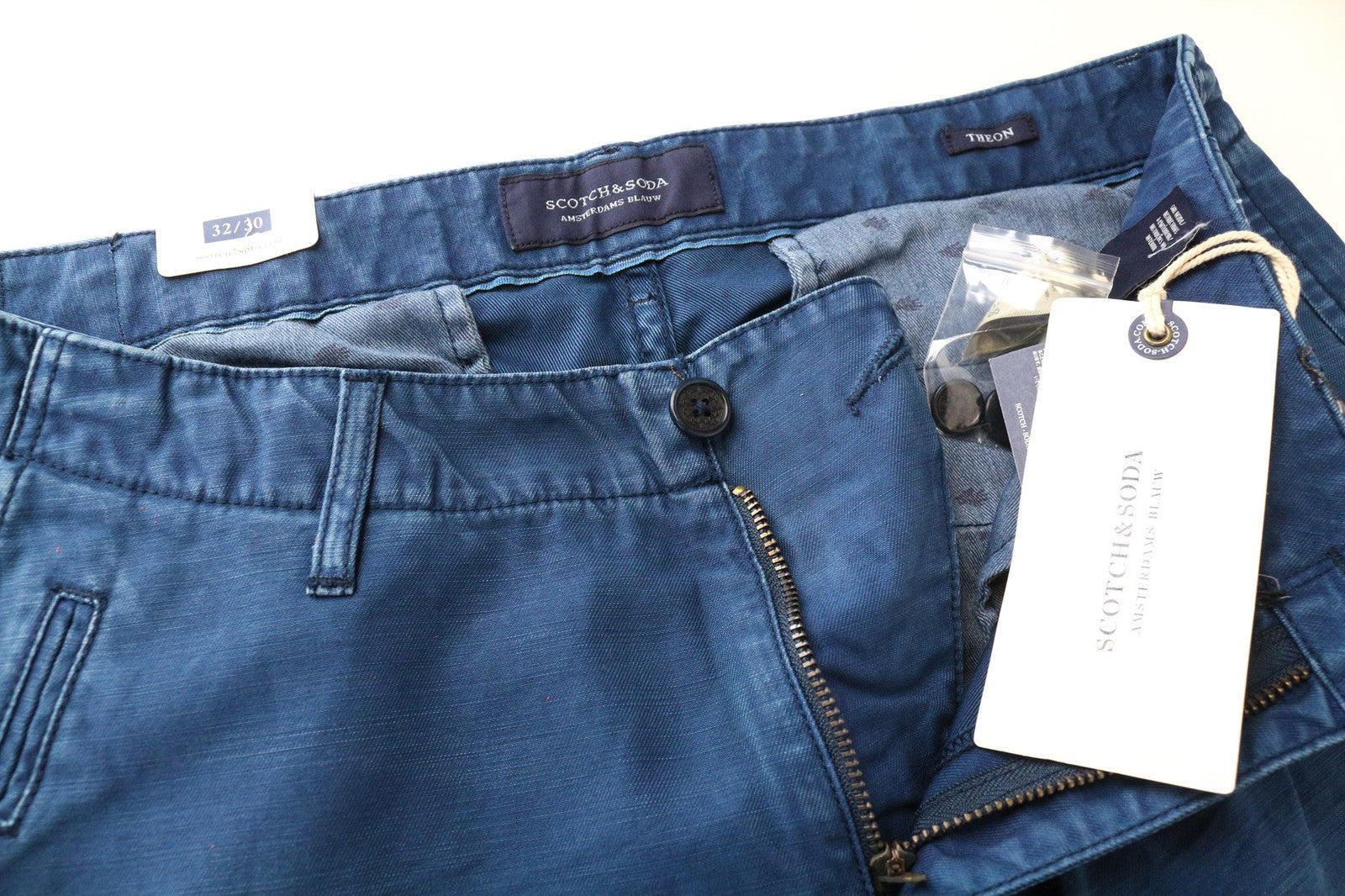 SCOTCH &amp; SODA Theon vyriškos kelnės W32/L30 Slim mėlynos, siaurėjančios, grynos medvilnės