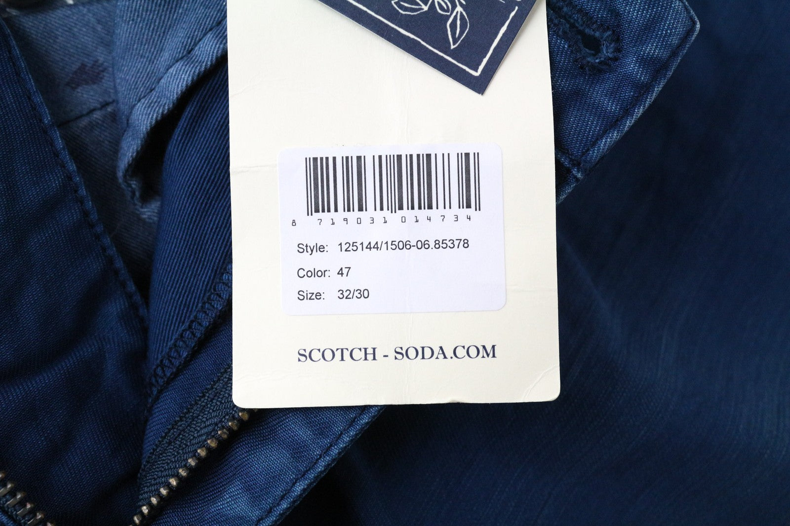 SCOTCH &amp; SODA Theon vyriškos kelnės W32/L30 Slim mėlynos, siaurėjančios, grynos medvilnės